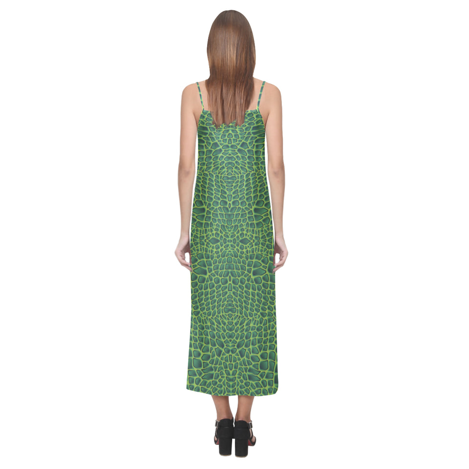 Crocodile Skin Printed V-Neck Open Fork Long Dress