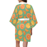 orange fruit pattern green background Women's Short Kimono Robe