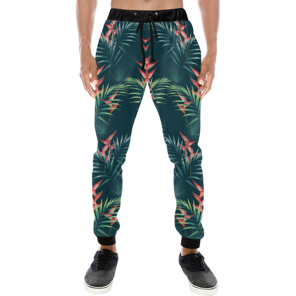 heliconia flowers, palm and monstera leaves on bla Unisex Casual Sweatpants