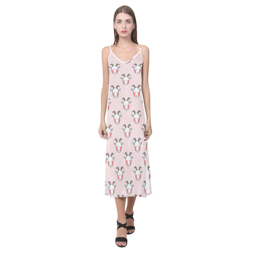 Cute goat pattern V-Neck Open Fork Long Dress