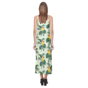Beautiful parrot palm leaves pattern V-Neck Open Fork Long Dress