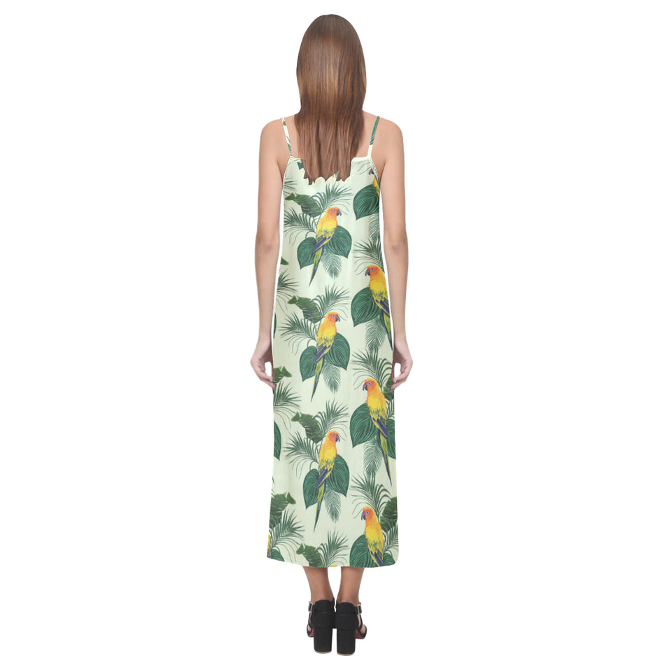 Beautiful parrot palm leaves pattern V-Neck Open Fork Long Dress