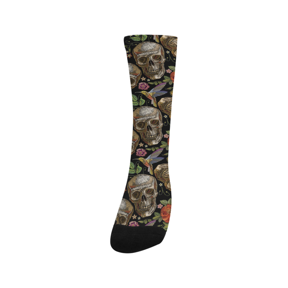 Skull rose humming bird flower pattern Crew Socks