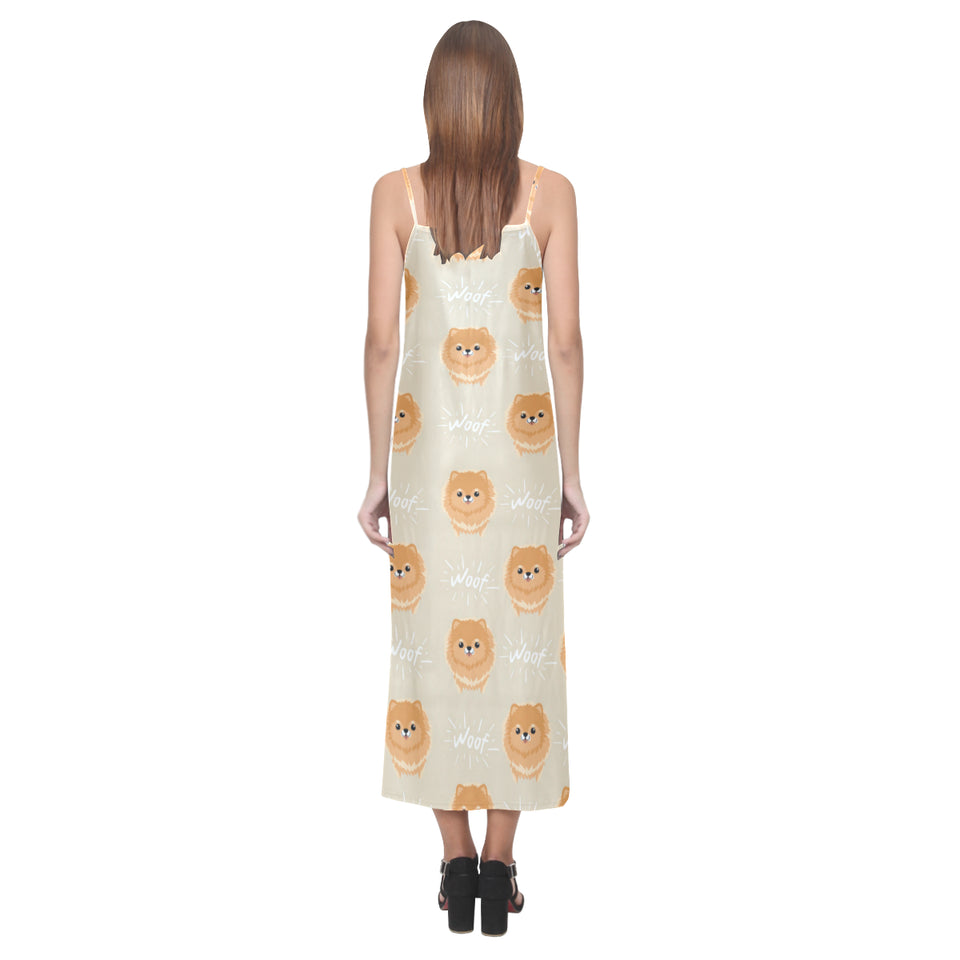 Cute brown pomeranian puppy on blue V-Neck Open Fork Long Dress