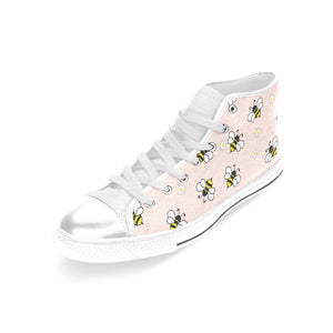 Cute bee flower pattern pink background Women's High Top Canvas Shoes White