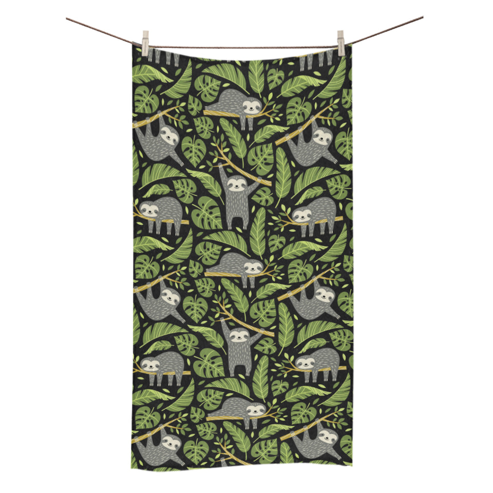 Cute sloths tropical palm leaves black background Bath Towel