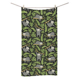 Cute sloths tropical palm leaves black background Bath Towel