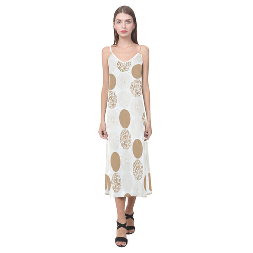 Gold Texture mushroom pattern V-Neck Open Fork Long Dress