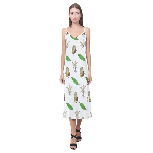 Color hand drawn cacao pattern V-Neck Open Fork Long Dress