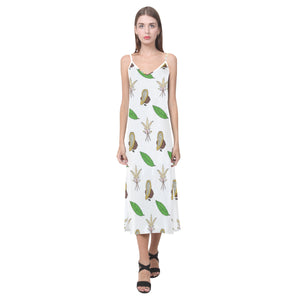 Color hand drawn cacao pattern V-Neck Open Fork Long Dress
