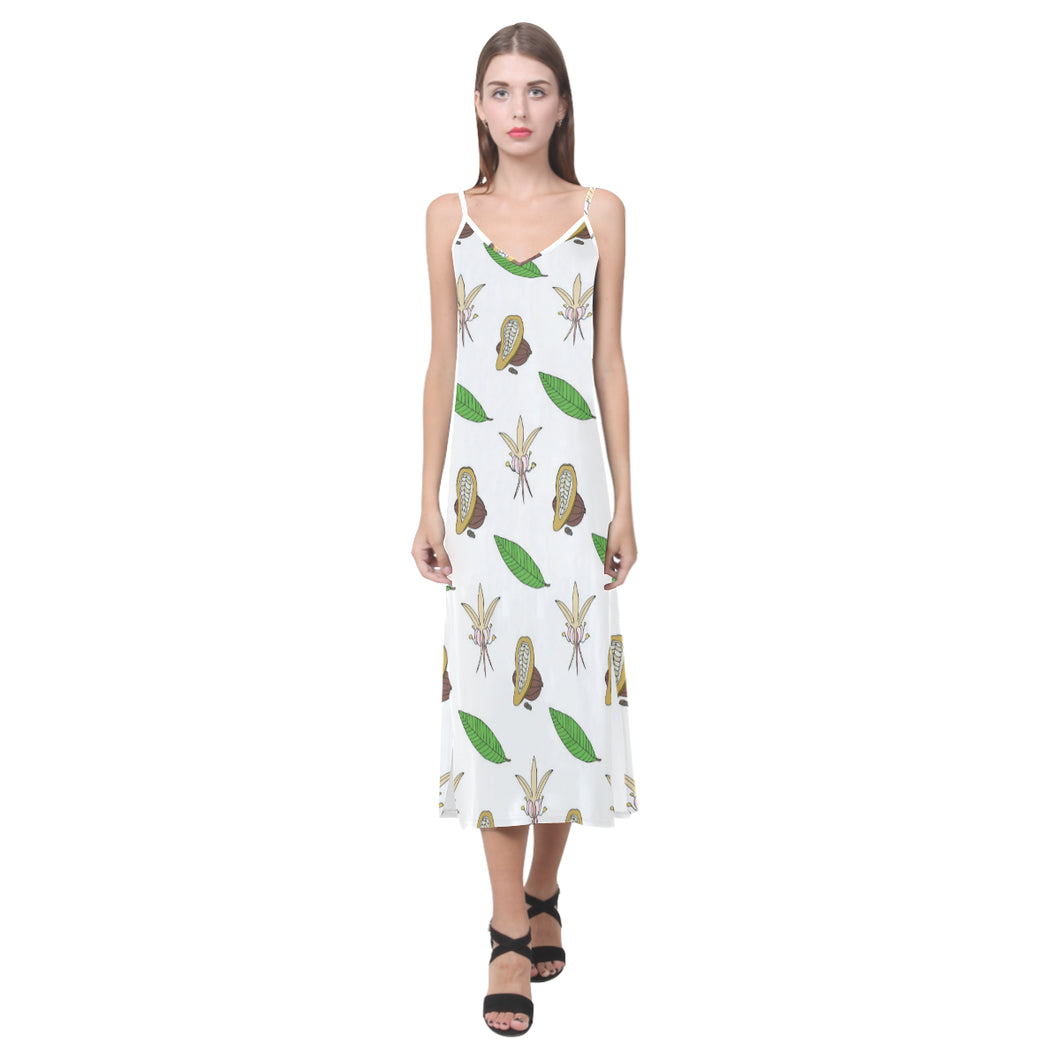 Color hand drawn cacao pattern V-Neck Open Fork Long Dress