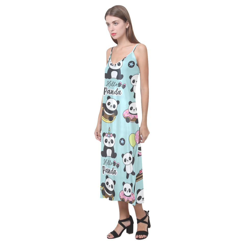 Cute baby panda pattern V-Neck Open Fork Long Dress