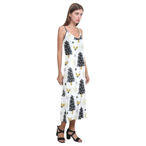 Christmas tree holly snow star pattern V-Neck Open Fork Long Dress