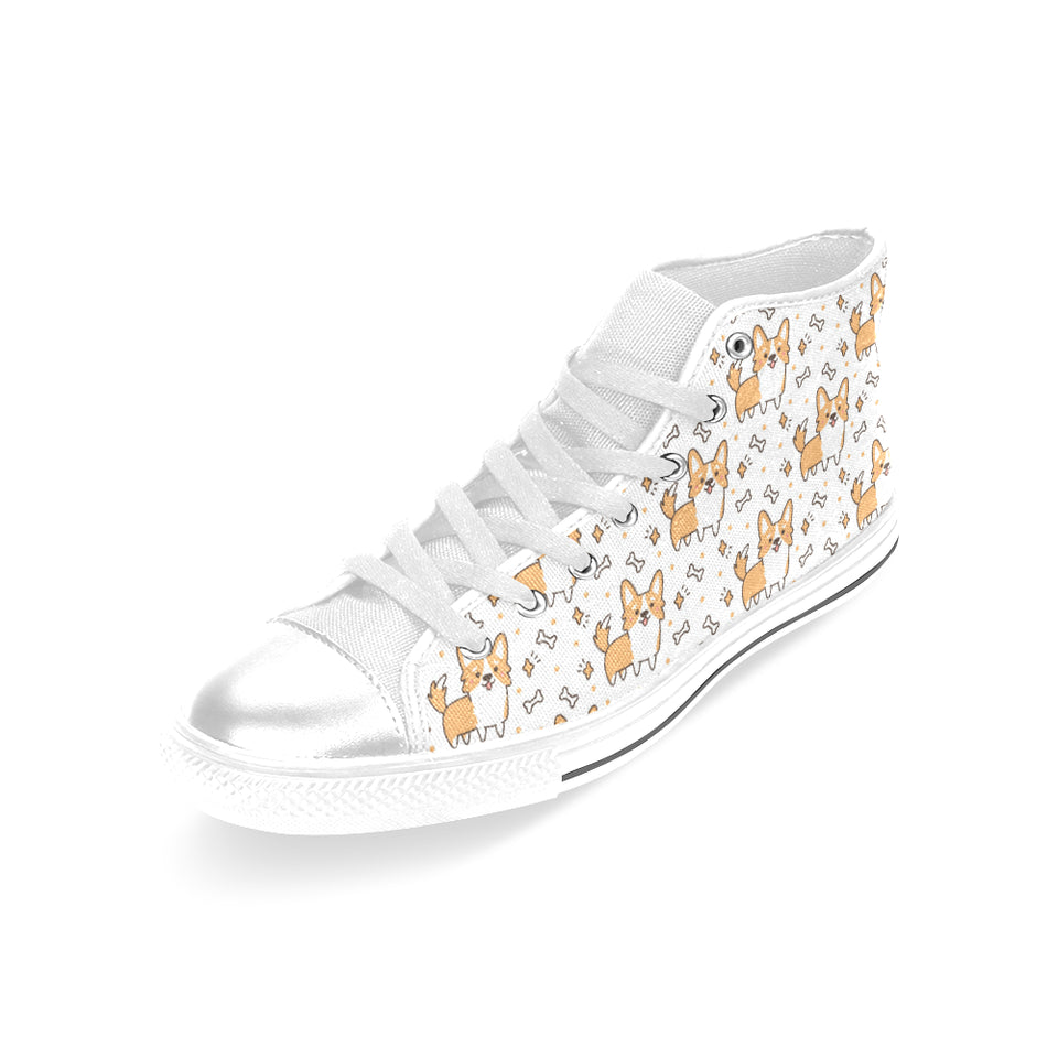 Cute corgi heart star bone pattern Women's High Top Canvas Shoes White
