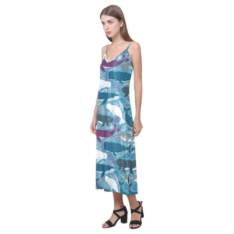 Whale design pattern V-Neck Open Fork Long Dress