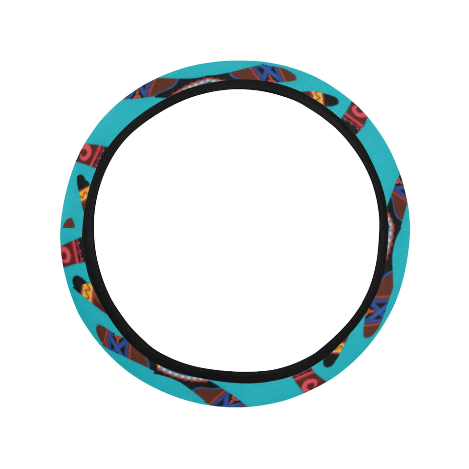 Boomerang Australian aboriginal ornament blue back Car Steering Wheel Cover