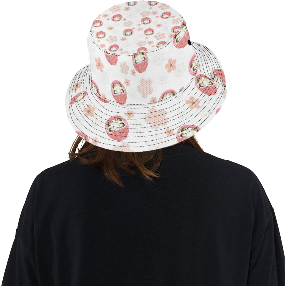 Daruma japanese wooden doll cherry blossom flower Unisex Bucket Hat