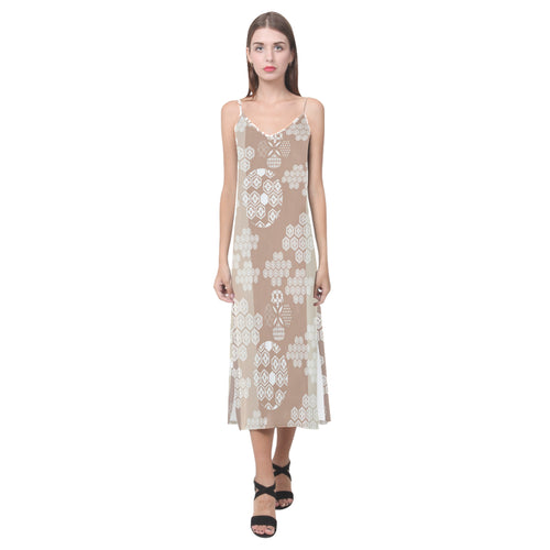 Beautiful hexagon japanese  pattern V-Neck Open Fork Long Dress