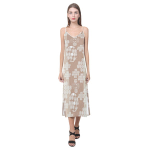 Beautiful hexagon japanese  pattern V-Neck Open Fork Long Dress