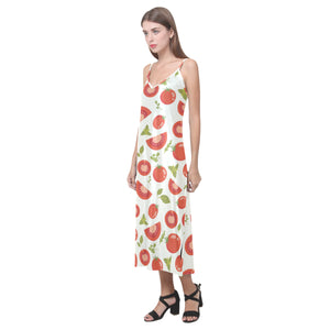 Tomato pattern V-Neck Open Fork Long Dress