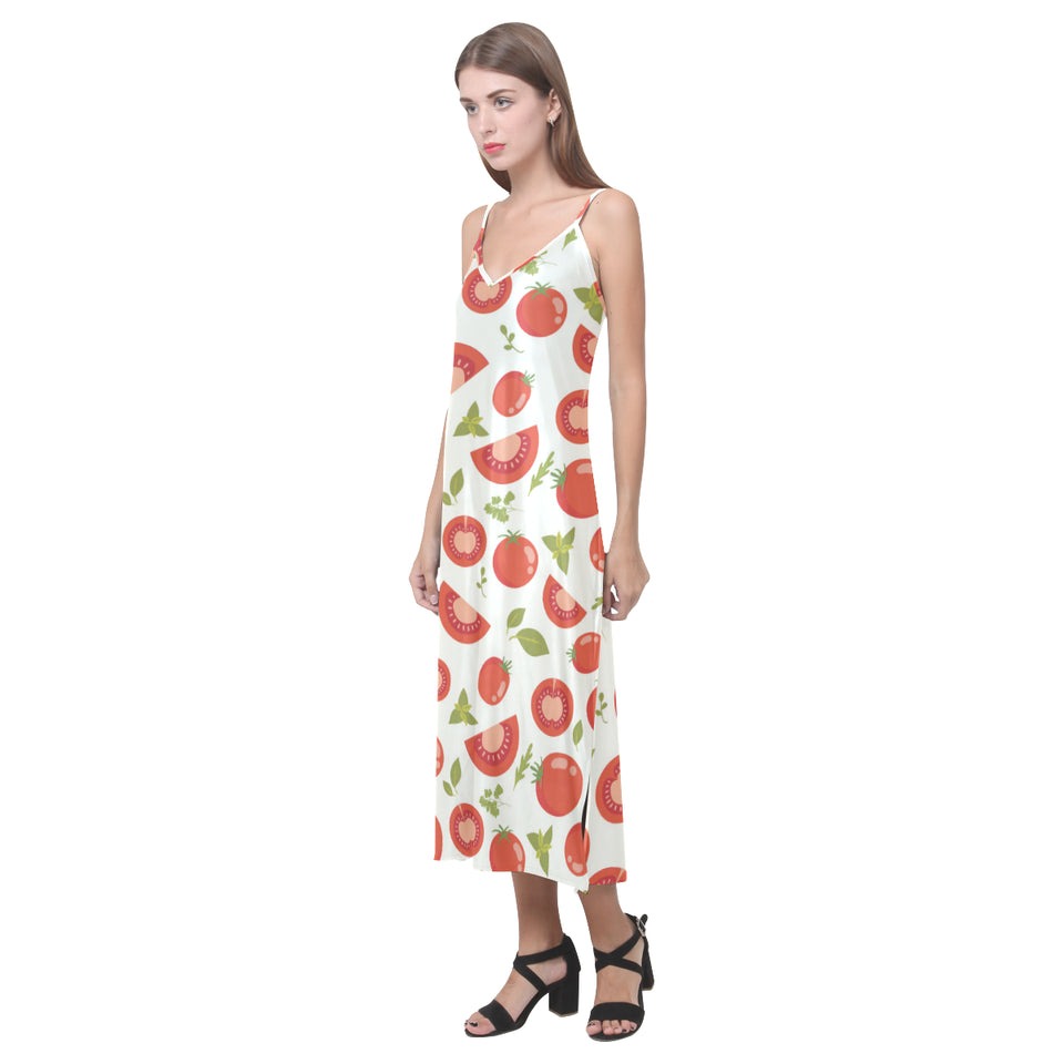 Tomato pattern V-Neck Open Fork Long Dress