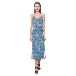 Hand drawn sailboat pattern V-Neck Open Fork Long Dress