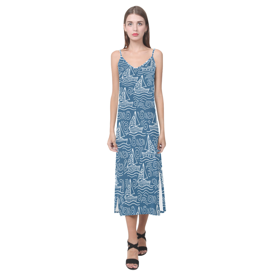 Hand drawn sailboat pattern V-Neck Open Fork Long Dress