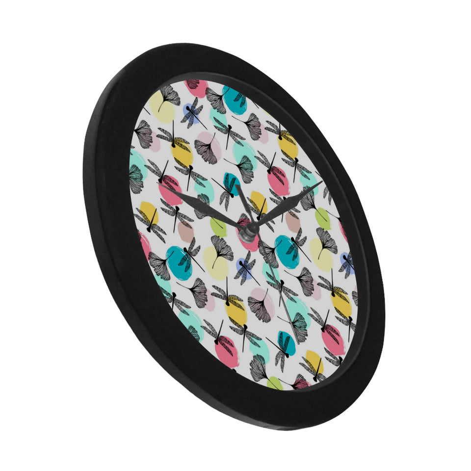 Dragonflies ginkgo leaves pattern Elegant Black Wall Clock
