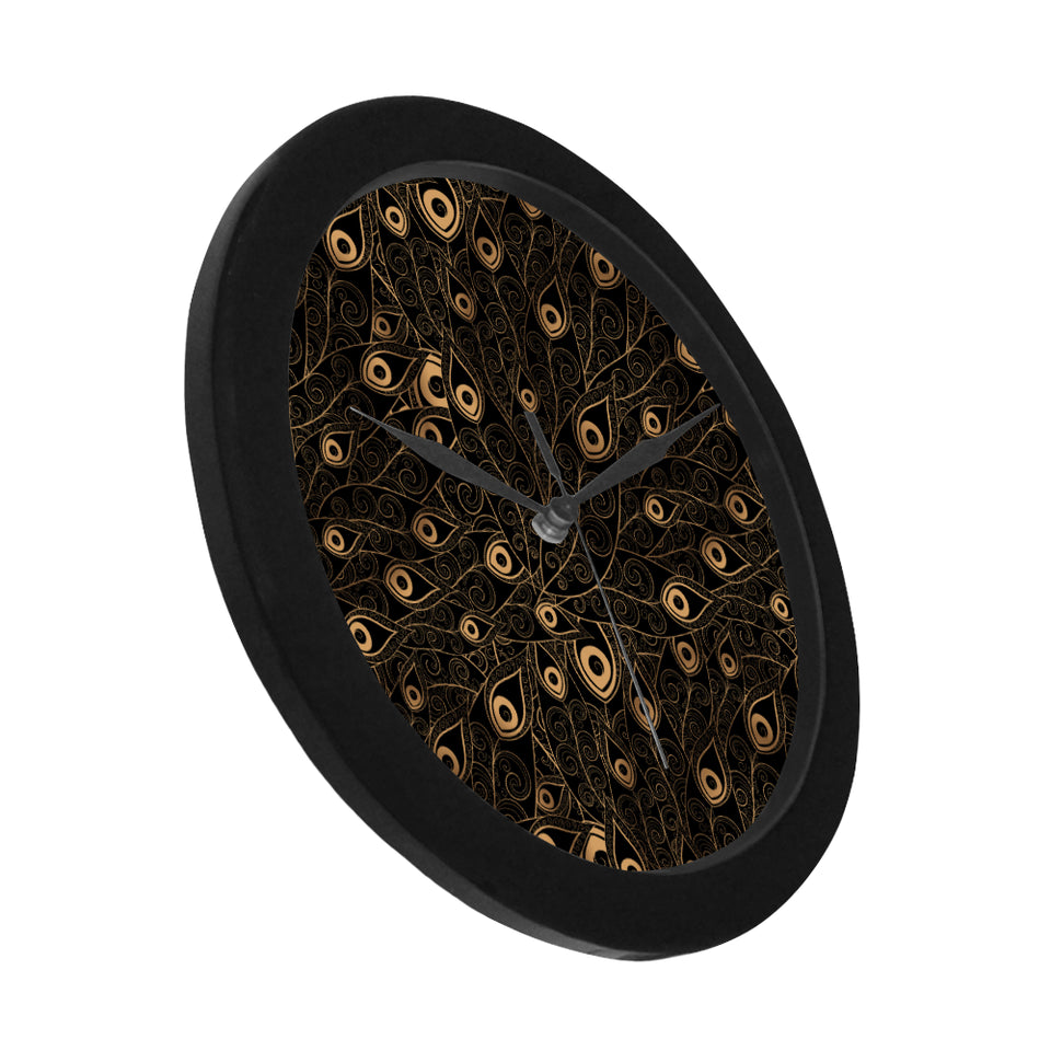 Gold peacock feather pattern Elegant Black Wall Clock