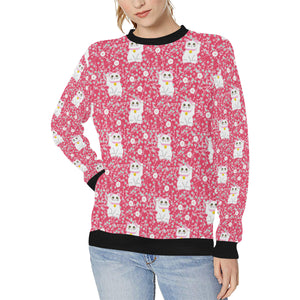 Maneki neko cat sakura pink background Women's Crew Neck Sweatshirt