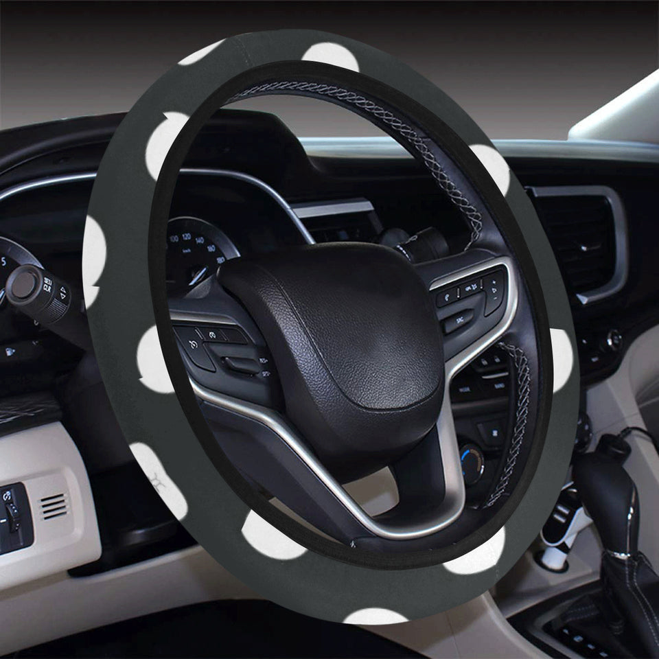 Cute white rabbit polka dots black background Car Steering Wheel Cover