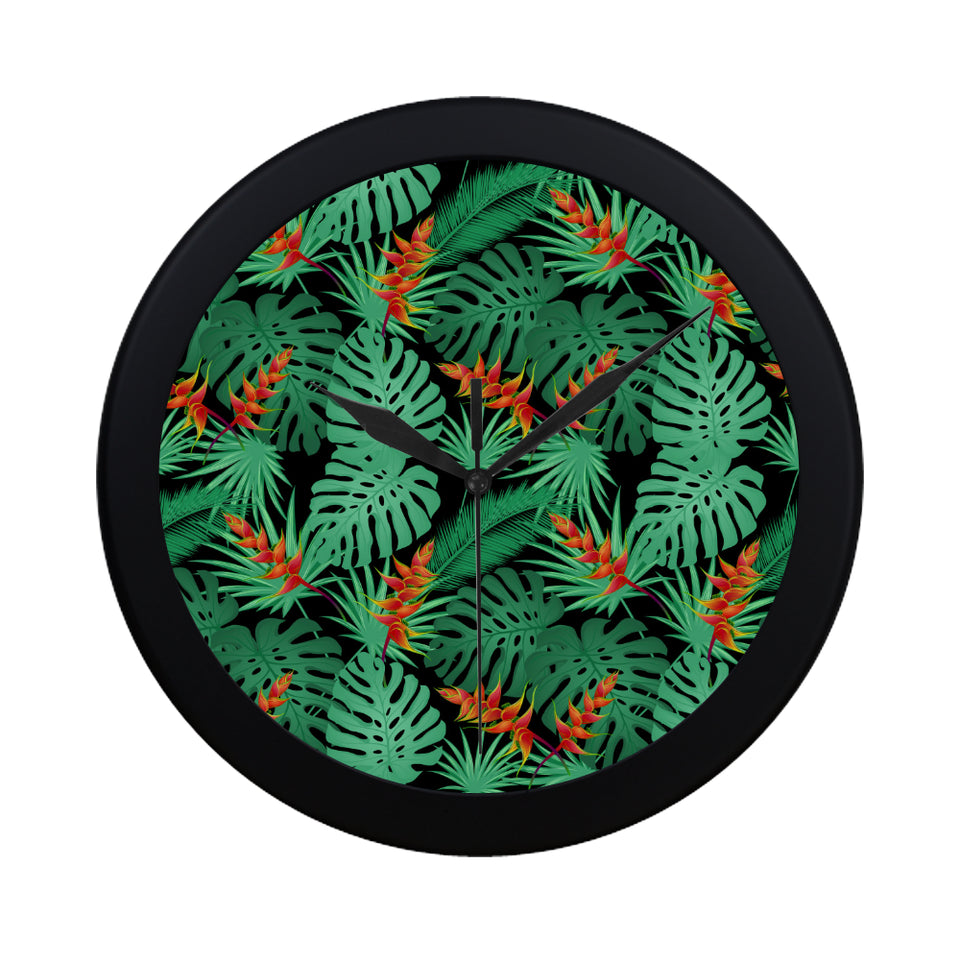 heliconia flower palm monstera leaves black backgr Elegant Black Wall Clock