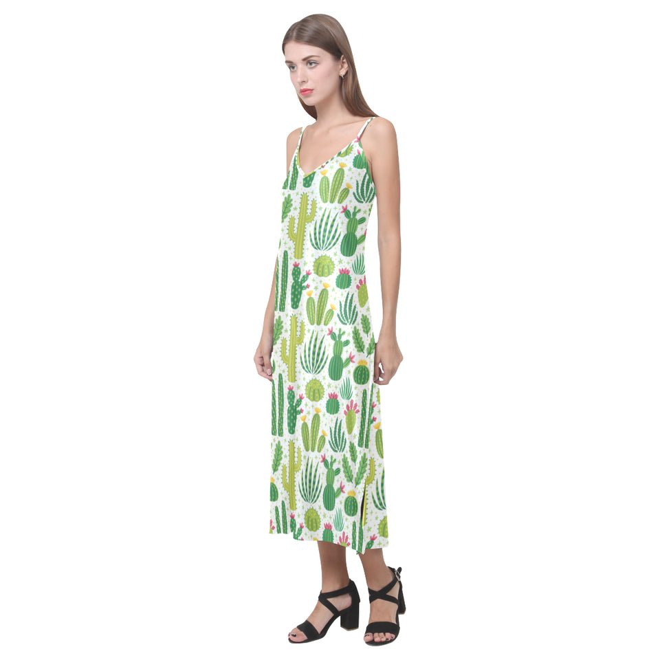 Cactus pattern copy V-Neck Open Fork Long Dress