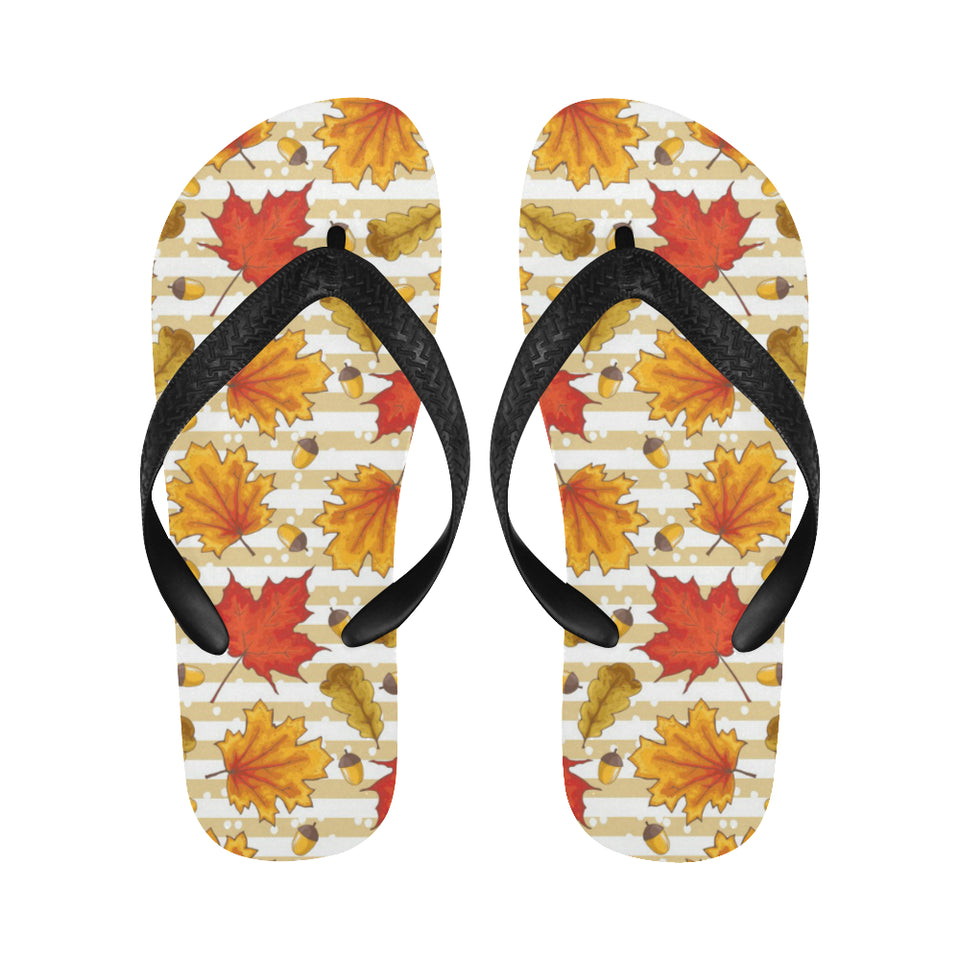 Maple leaf oak leaf acorns beige striped backgroun Unisex Flip Flops