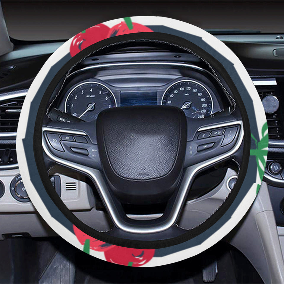 Hand drawn cherry pattern striped background Car Steering Wheel Cover