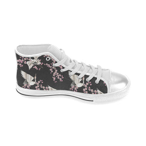 Japanese crane pink sakura pattern Women's High Top Canvas Shoes White