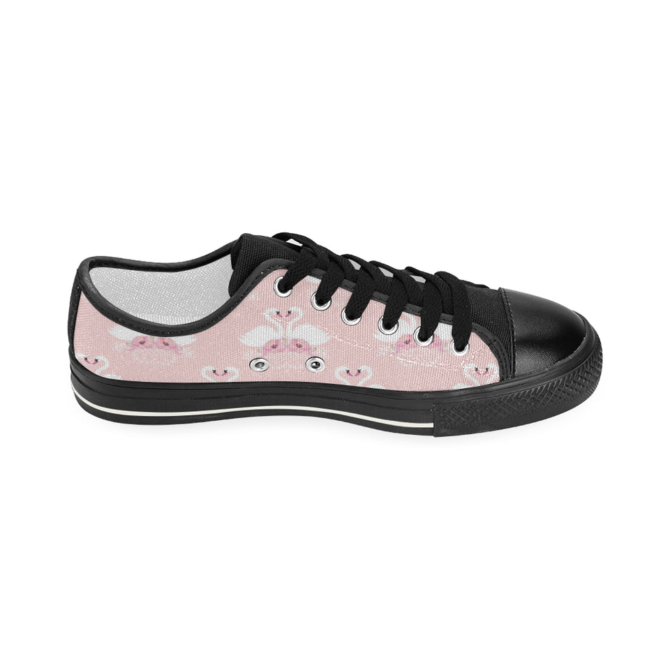 White swan and flower love pattern Women's Low Top Canvas Shoes Black