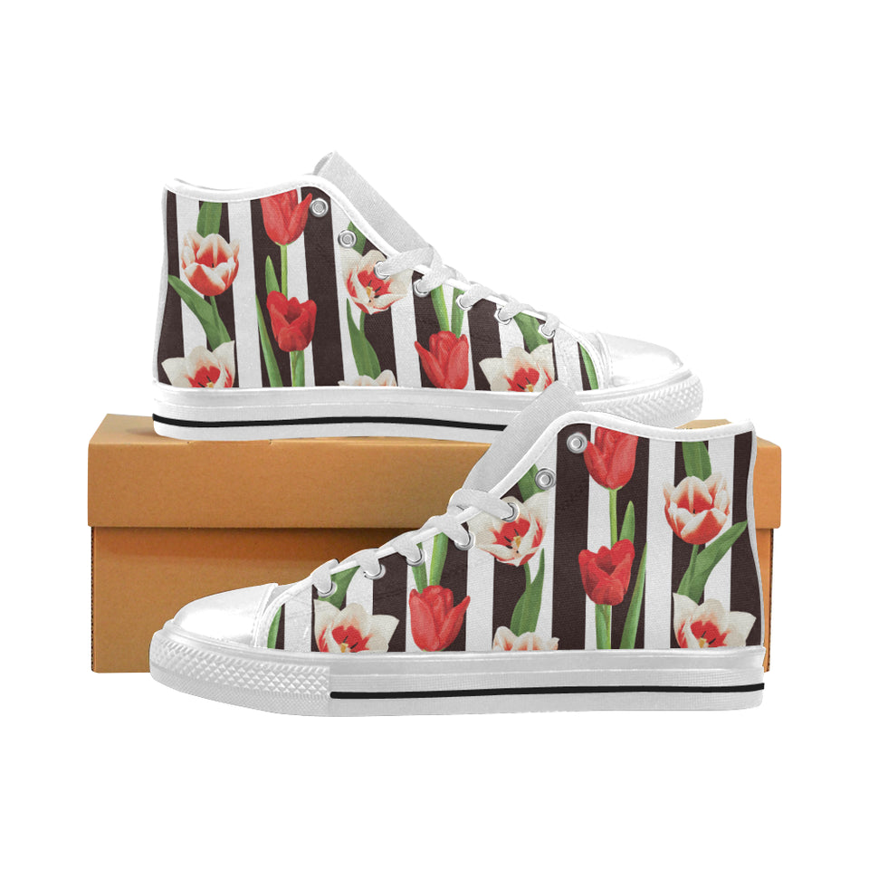 red and white tulips pattern Men's High Top Canvas Shoes White