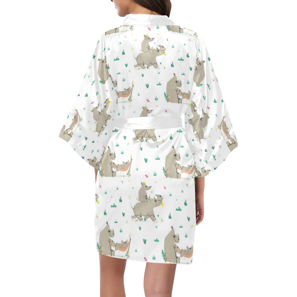 Cute Rhino pattern background Women's Short Kimono Robe