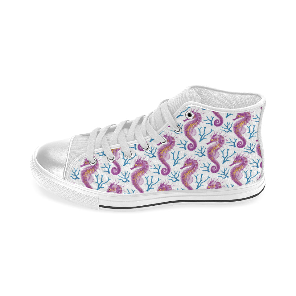 Purple seahorse blue coral pattern Women's High Top Canvas Shoes White