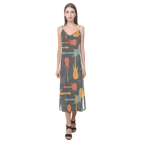 electric guitars pattern V-Neck Open Fork Long Dress