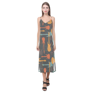 electric guitars pattern V-Neck Open Fork Long Dress