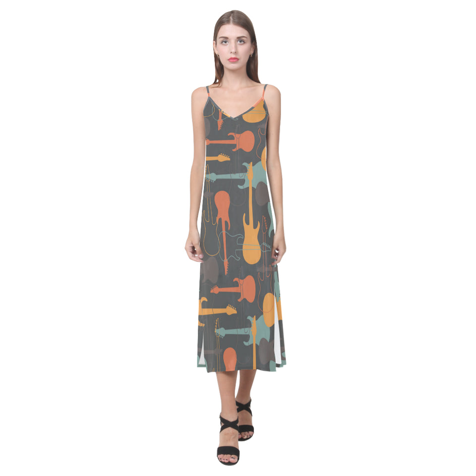 electric guitars pattern V-Neck Open Fork Long Dress
