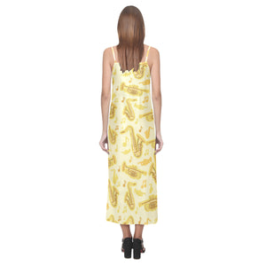 Saxophone cornet pattern yellow background V-Neck Open Fork Long Dress