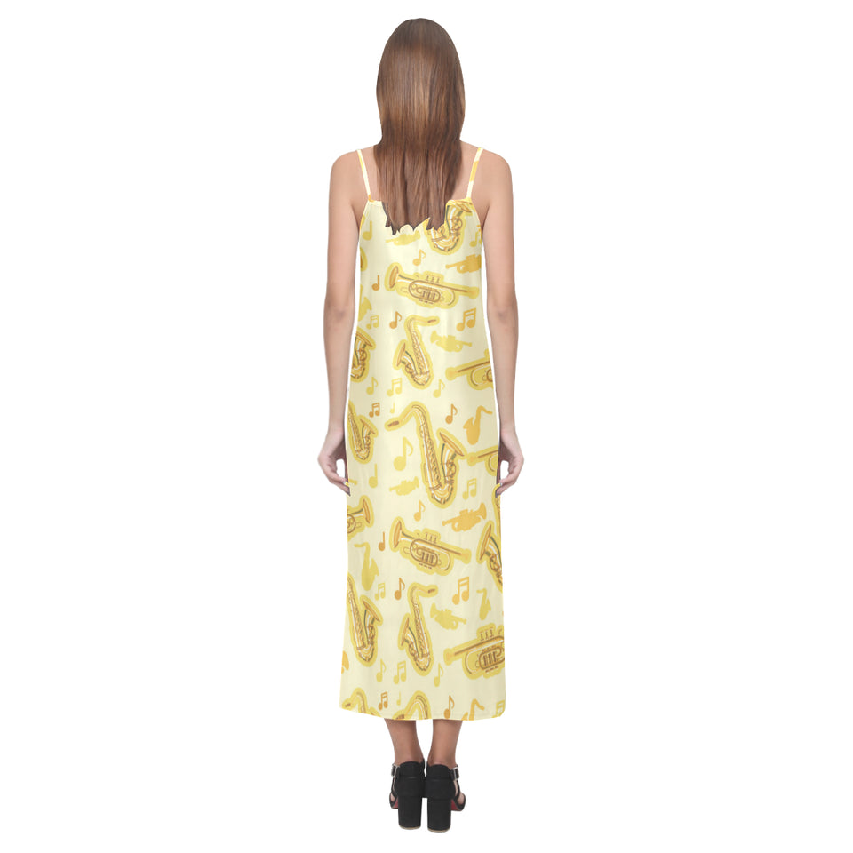 Saxophone cornet pattern yellow background V-Neck Open Fork Long Dress