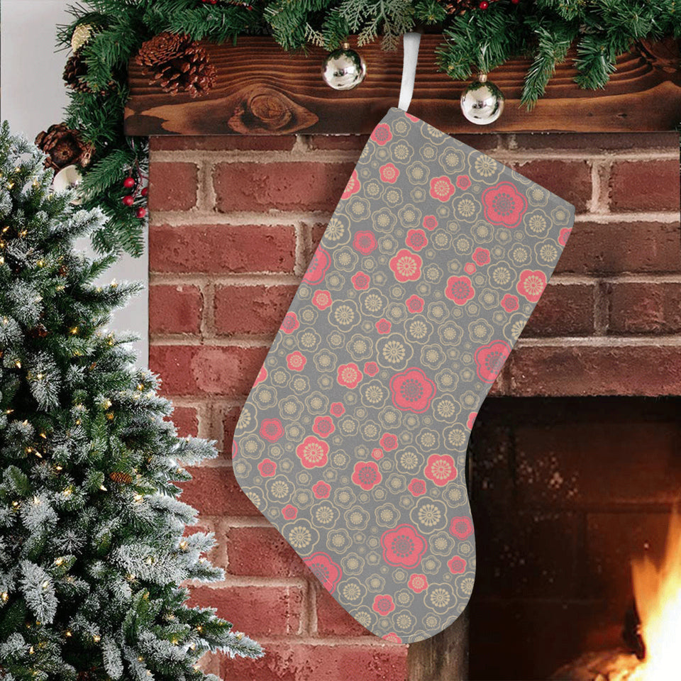 Red gold Sakura cherry blossom gray background Christmas Stocking