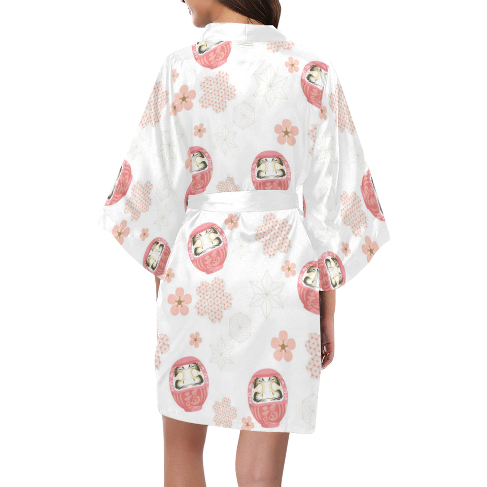 Daruma japanese wooden doll cherry blossom flower Women's Short Kimono Robe