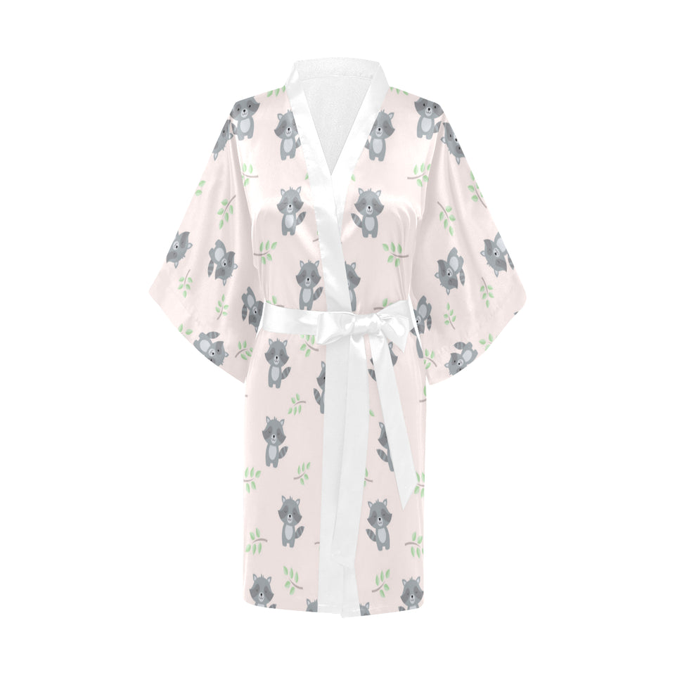 cute raccoons leaves pattern Women's Short Kimono Robe