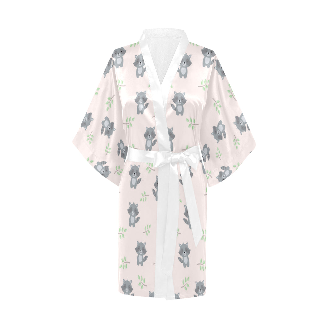 cute raccoons leaves pattern Women's Short Kimono Robe