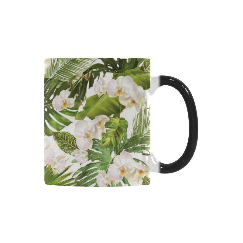 White orchid flower tropical leaves pattern Morphing Mug Heat Changing Mug